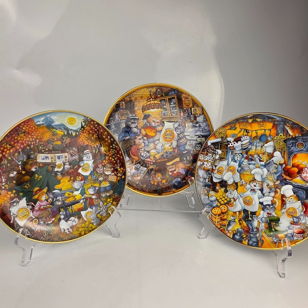 Franklin Mint Bill Bell Gold Medal Flour Cat Plates Set of 3 Signed